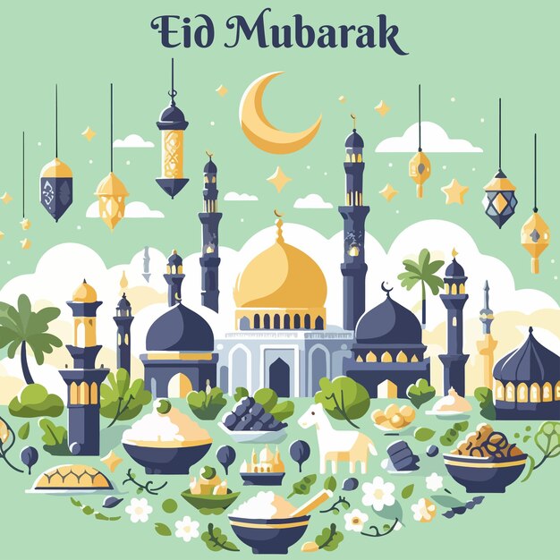 Vector happy eid mubarak greetings with mosque and food background