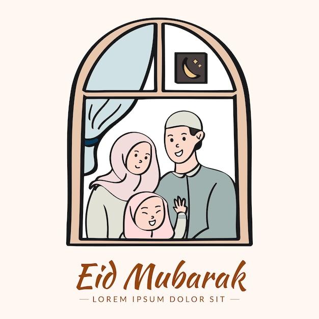 Vector happy eid mubarak hand getrokken stijl illustratie