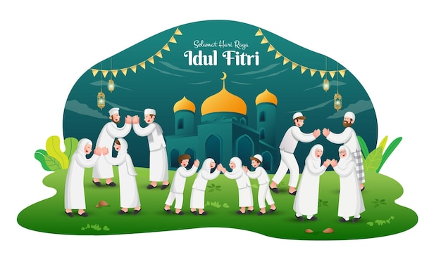 Vector happy eid mubarak in het indonesisch cartoon moslimfamilie viert eid al fitr op blauwe achtergrond