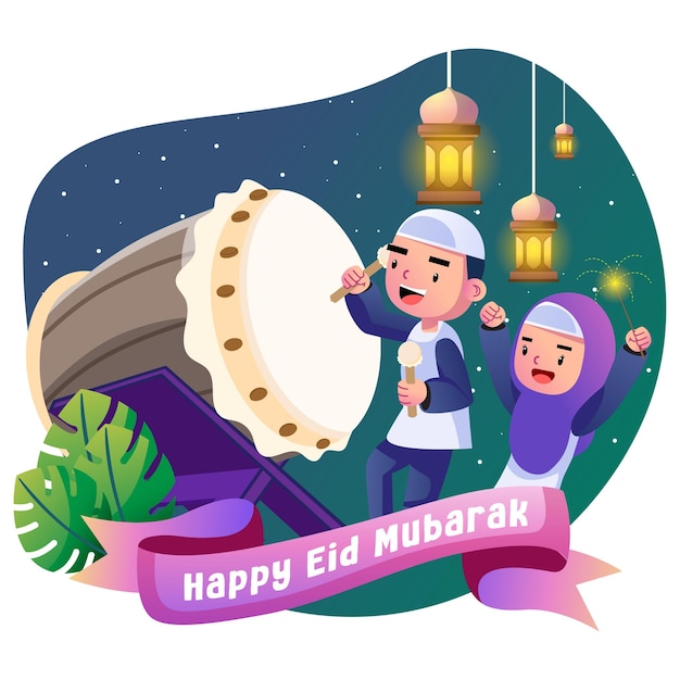 Vector happy eid mubarak kids illustration