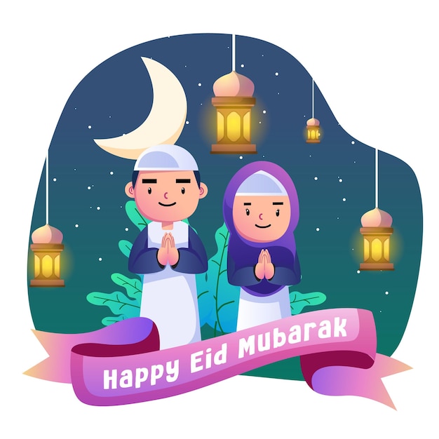 Vector happy eid mubarak kids illustration