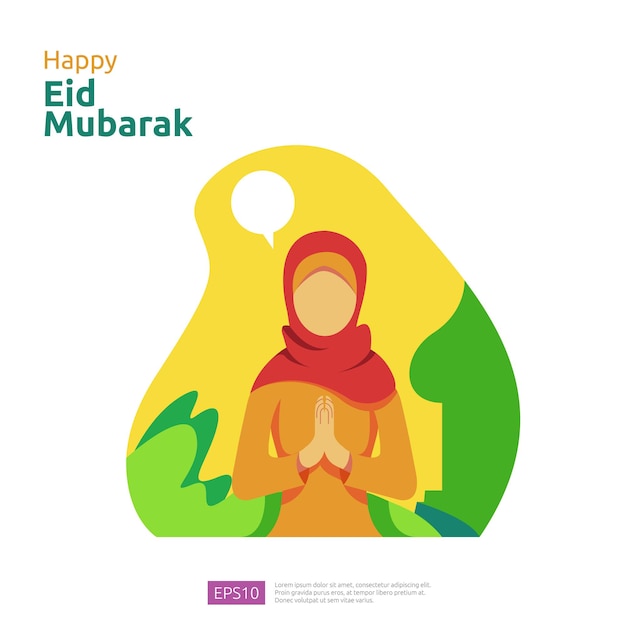 Happy eid mubarak or ramadan greeting with people character. islamic design illustration concept for template for web landing page, social, poster, ad, promotion, print media, banner or presentation