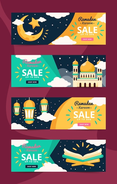 Vector happy eid mubarak ramadan kareem banner set