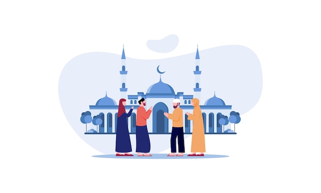 Vector happy eid mubarak, ramadan mubarak greeting concept with people character illustration