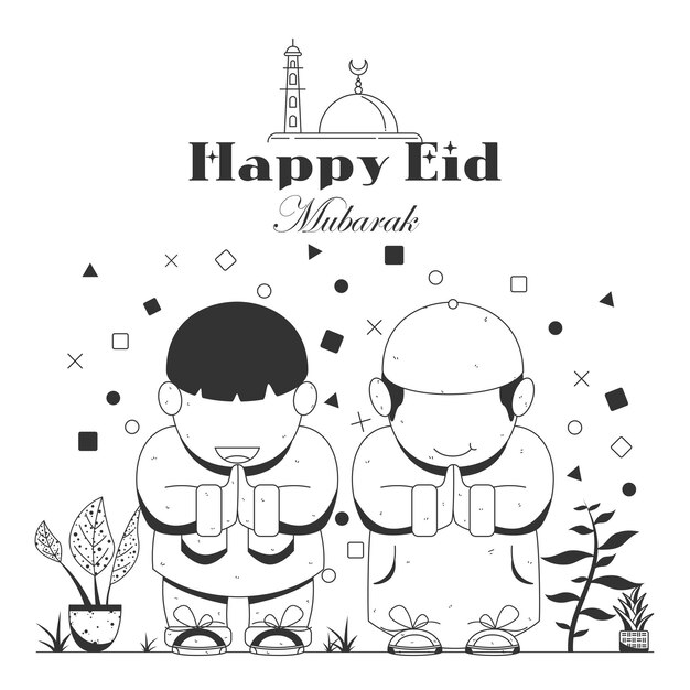 Vettore illustrazione vettoriale del modello happy eid mubarak in stile bianco e nero