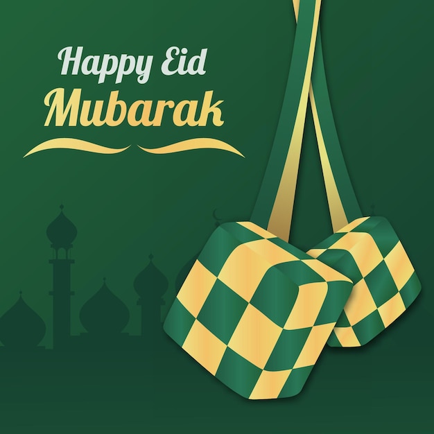 Happy Eid Mubarak Template with 3D Realistic Ketupat Vector Illustartion