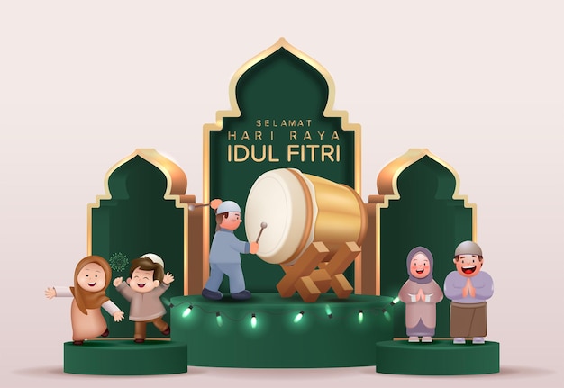 Illustrazione felice di vettore di eid mubarak. ragazzi e ragazze musulmani che celebrano felicemente eid al fitr