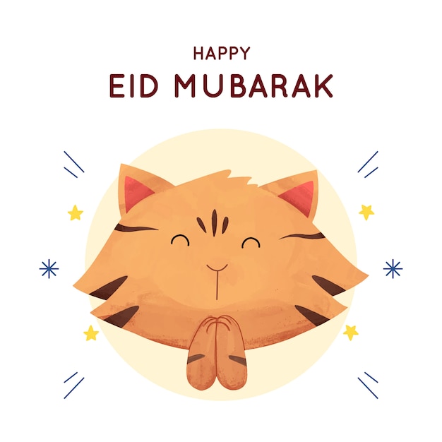 Happy eid mubarak watercolor cat illustration greeting card