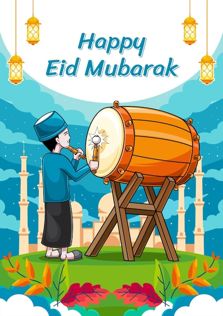 Happy eid mubarak с иллюстрацией барабанщика