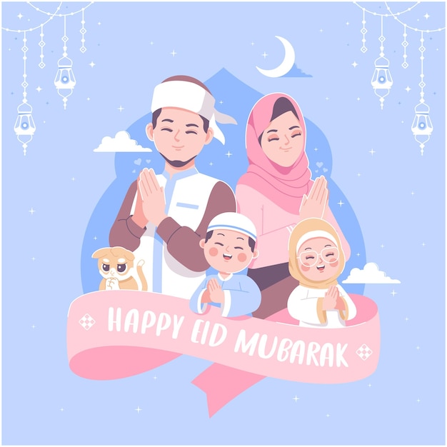 Felice eid mubarak con lo sfondo dell'illustrazione della famiglia islamica