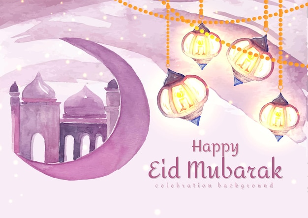 Vector happy eid mubarak with lantern and mosque watercolor concept