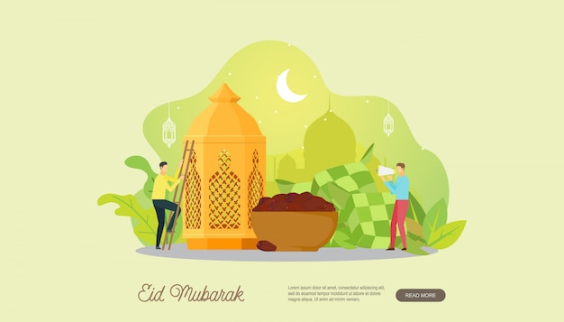 Happy eid mubarak with people character landing page