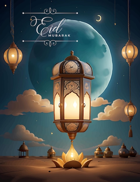 Happy Eid Poster with Lanterns and Moon