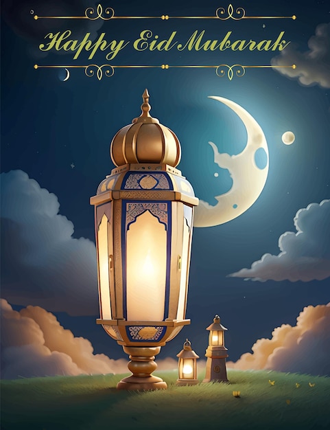 Happy Eid Poster with Lanterns and Moon