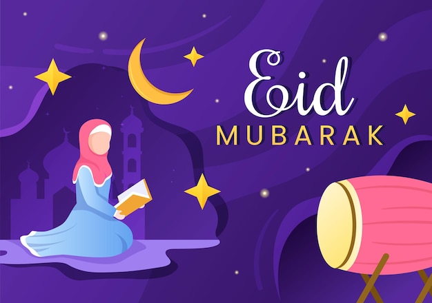 Happy Eid ulFitr Mubarak Background Illustration Мусульмане молятся обеими руками в плоском стиле