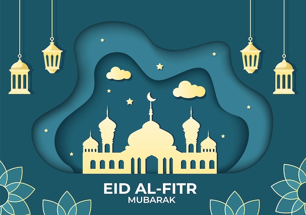 Happy Eid ulFitr Mubarak Background Illustration with Pictures of Mosques Moon Antenna and Others