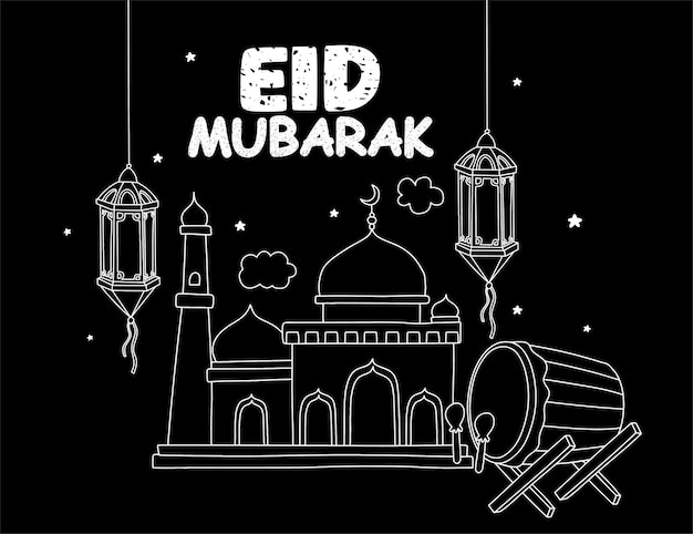 Vector happy eid with mosque and lantern background