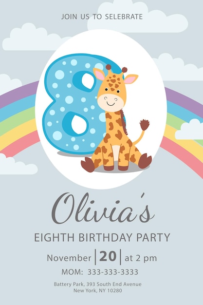 Happy eighth birthday with giraffe baby girl invitation card vector