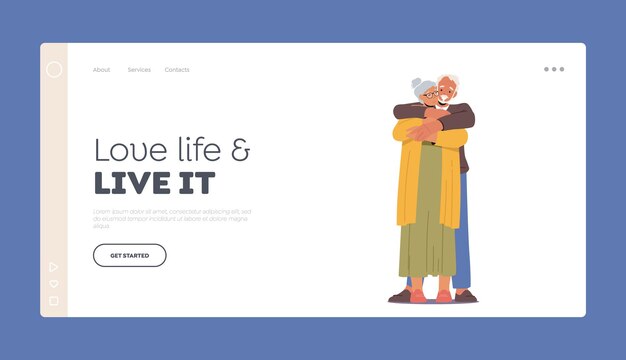 Vector happy elderly characters hugging landing page template loving aged couple romantic relations senior man embrace woman