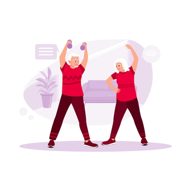 Vector happy elderly couple exercising together in the lounge trend modern vector flat illustration