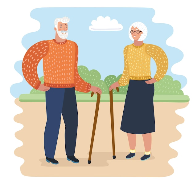 Вектор Счастливая пожилая пара, взявшись за руки, гуляет в парке плоский дизайн векторные иллюстрации