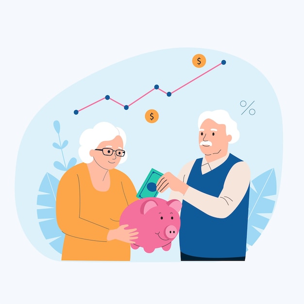 Happy elderly couple investing a coin in piggy bank Vector flat illustration