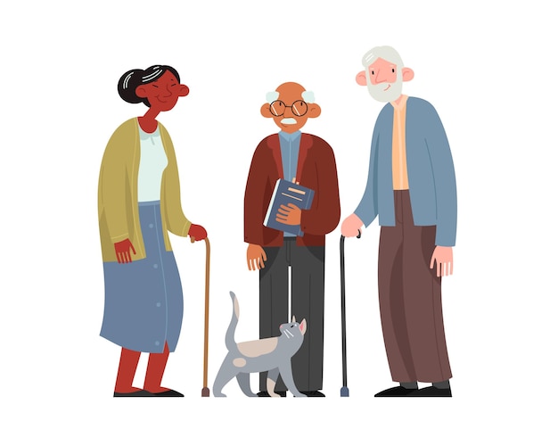 幸せな高齢者。老人と女性。漫画イラスト