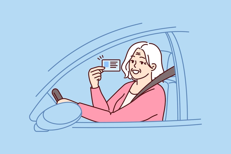 Vector 幸せな年配の女性は、車の車輪の後ろに座ってロードトリップの運転免許証を示します