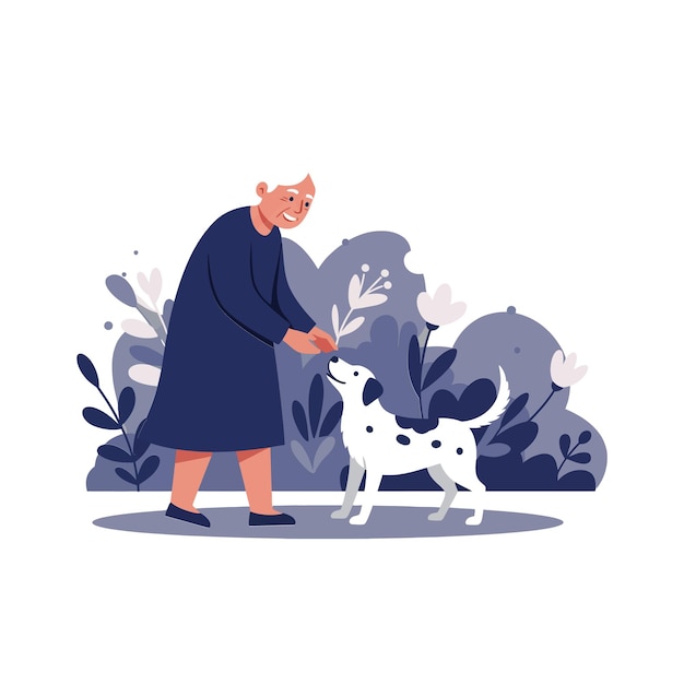 happy elderly woman feeding playful dog in minimal flat vector illustration