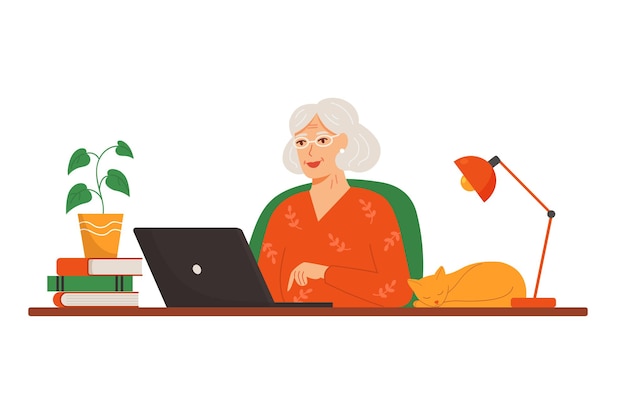 행복한 노인 여성이 집에서 노트북 작업을 하고 있습니다. 기술과 노인의 개념