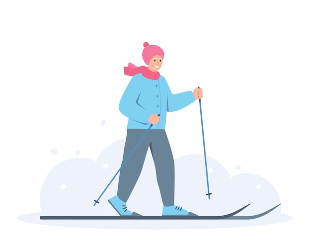 暖かい服を着た幸せな年配の女性が冬の寒い天気でスキーをしていますクロスカントリースキーをしている女性
