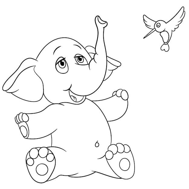 Happy elephant and hummingbird. Cartoon coloring book page for kids.