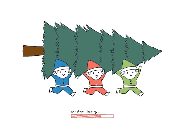 Happy elf carrying christmas tree with loading bar, countdown concept, hand-drawn line art style  illustration.