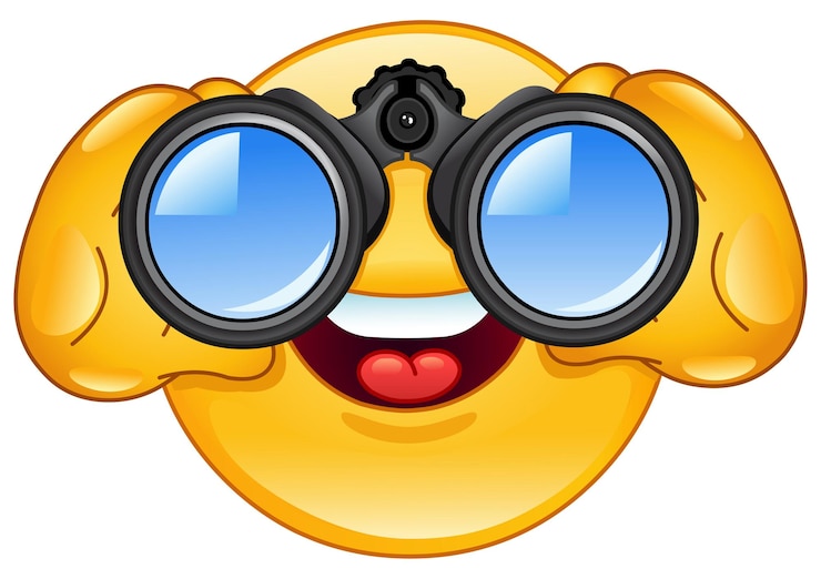 Vector happy emoji emoticon looking through binoculars and searching