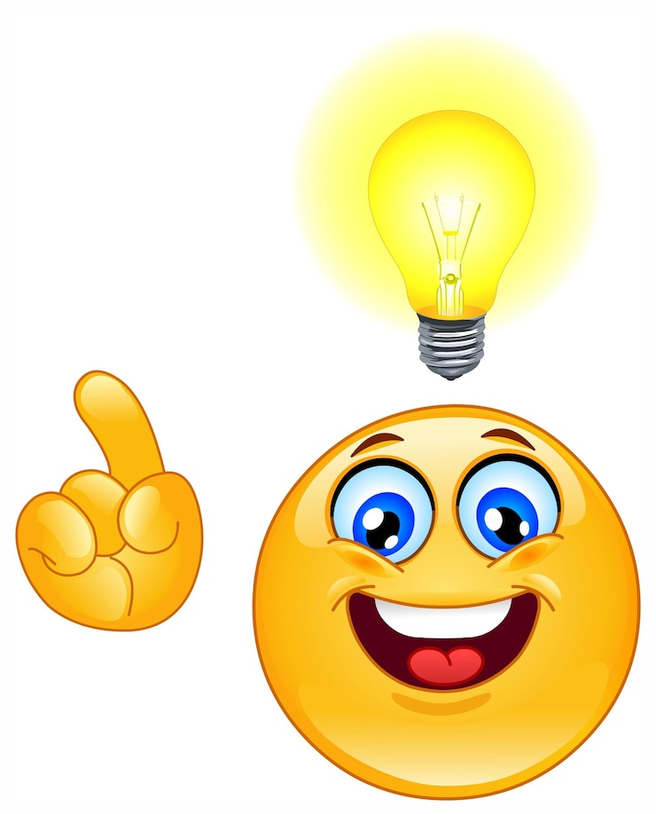 Vector happy emoji emoticon pointing with a glowing light bulb having an idea