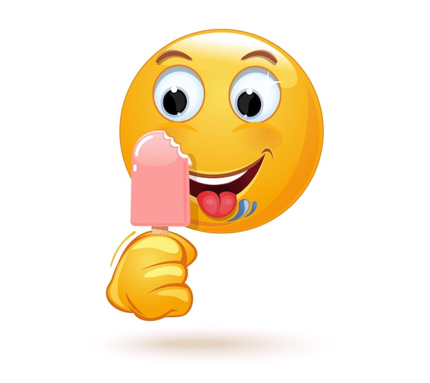 Vettore l'emoji felice lecca il gelato. emoticon faccia in occhiali da sole con in mano un gelato morsicato su un bastone. illustrazione vettoriale