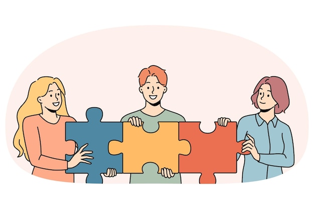 Happy employees connect jigsaw puzzles