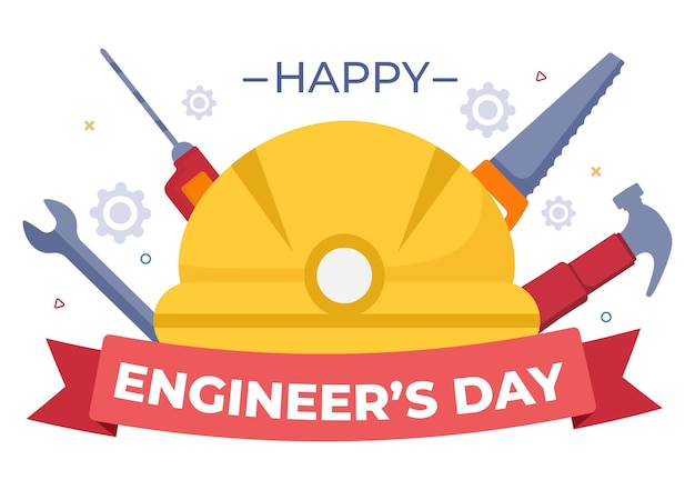 Vector happy engineers day illustratie herdenkingsmunt voor ingenieur met werknemer en gereedschap van in platte cartoon