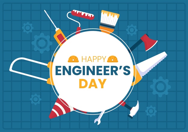 Happy engineers day illustration commemorative for engineer with worker and tools of in flat cartoon