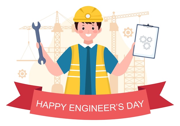 Happy engineers day illustrazione commemorativa per ingegnere con lavoratore e strumenti di cartoon piatto