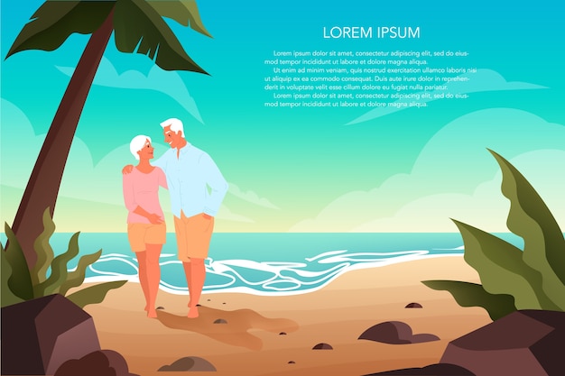 Vector happy eniors spending time on a tropical beach with palms together. retired couple on their summer vacation. landing page or web banner .
