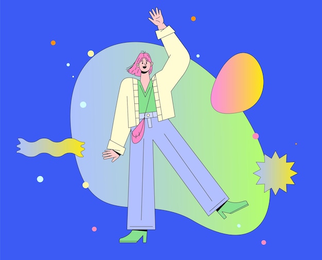Happy enthusiastic woman waving hand vector illustration
