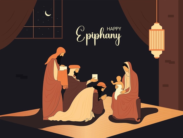 Vector happy epiphany day christian festival to faith the divinity of jesus since his coming to the world