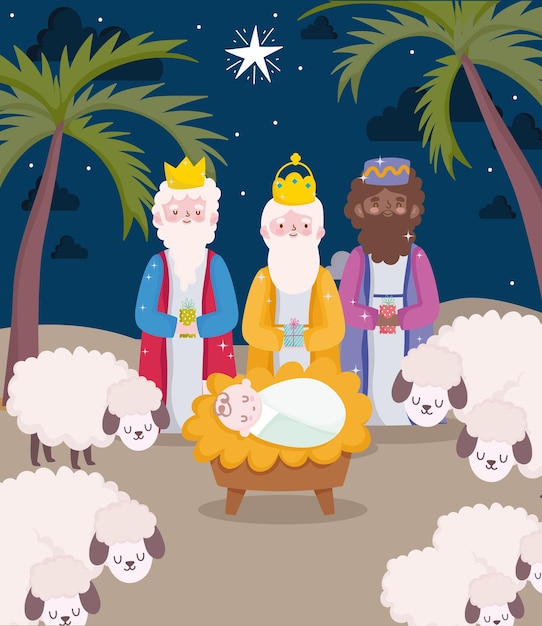 Vector happy epiphany, three wise kings baby jesus and sheeps