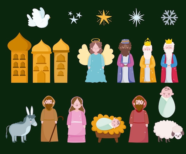 Vector happy epiphany, three wise kings mary joseph baby and animals