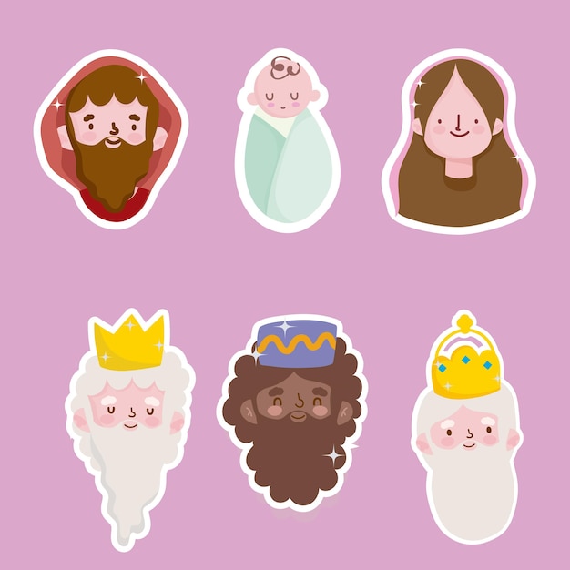 Vector happy epiphany, three wise kings mary jospeg and baby jesus faces stickers