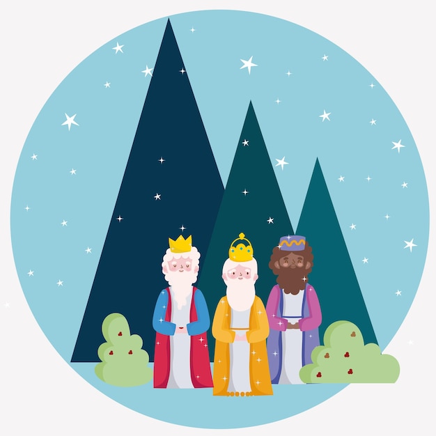 Vector happy epiphany, three wise kings night starry landscaping