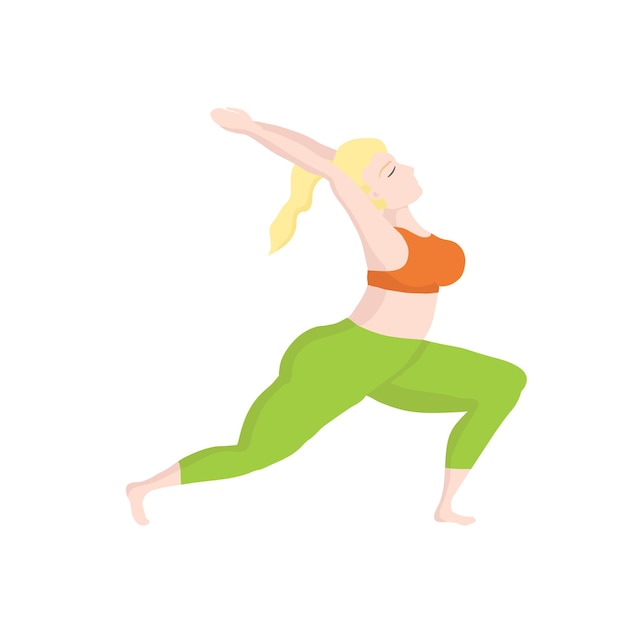 Happy european of oversized woman in yoga position stretching Sport and body health positive concept Love body Attractive woman of large sizes an active healthy lifestyle