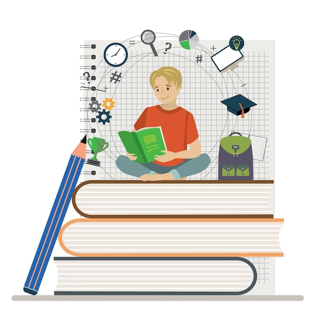 Счастливый европейский школьник с большим карандашом и школьной сумкой, тетрадью и табличками подросток читает книгу