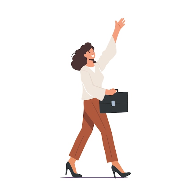 Happy Excited Female Character Waving Hand Young Positive Woman In Formal Wear With Briefcase Greeting Gesture